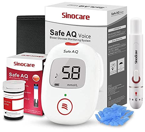 sinocare Diabetes Testing Kit/Blood Sugar Monitor Safe AQ Voice/Glucometer with Voice Reminder and Light Warning/Blood Sugar Test Kit with Lancing Devices & Strips x 25 -in mmol/L