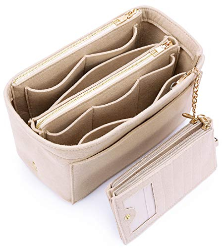 HyFanStr Taschenorganizer Filz mit Kreditkartenetui, Handtaschen Organizer mit ReißVerschluss, Innentaschen für Handtaschen Beige Klein