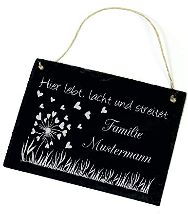 Schiefertafel Hier lebt, lacht und streitet Familie + Name Schild Herzen
