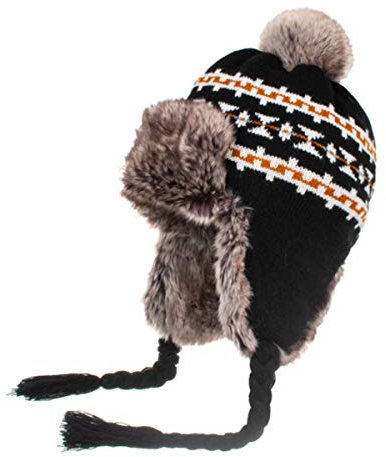 Damen Strickmütze Peruanische Beanie Mütze Winter Warm Wolle Häkeln Quaste Peru Skimütze Kappe mit Ohrenklappen Pom () Gr. 6 7/8/7 1/4, Schwarz