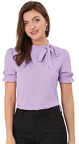 Allegra K Damen 50er Jahre Bluse mit Schleife Schluppenbluse Festliche Blusen Kurzarm Panel Fliege Hals Rüschen Elegant Top Lila XL