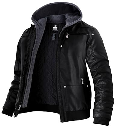 Wantdo Herren Jacke Winter Warm Jacke Lederjacke Gefuettert Winter Kunstleder Jacke Schwarz-Verdicken S