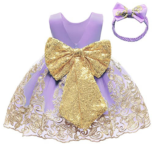 CMMCHAAH Robe de soirée en dentelle brodée pour bébé fille de 0 à 6 ans avec couvre-chefs, Violet, 3-6 Months