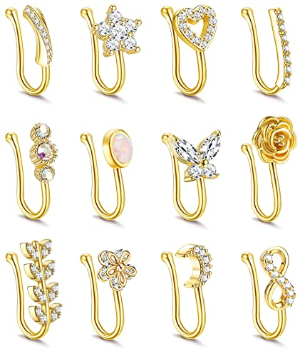 Kakonia 12stk Fake Nasenpiercing für Damen Fake Nose Ring Septum Zirkonia Opal Schmetterling Mond Herz Blume Clip auf Nasenring Verstellbar Fake Nasenring Gold