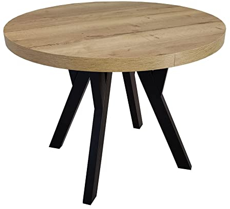 Runder Esstisch Ausziehbar Wohnzimmertisch Holzbeine Rustikaler Tisch mit Schwarzen Tischbeinen Ausziehtisch Küchentisch Kaffeetisch RO-7 Ø100/200 cm Schwarz Halifax Egger Eiche