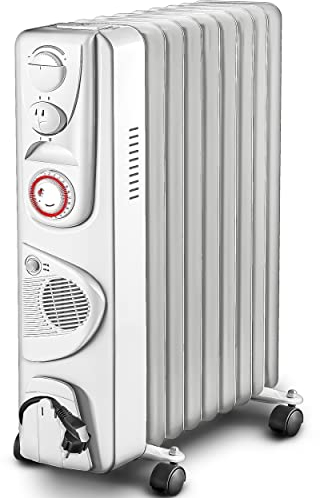 TRESKO Radiateur à bain d'huile portable | Chauffage mobile électrique thermostat 9 ailettes télécommande économie d'énergie | Minuterie 24h & 3 vitesses (Blanc / 2000W)
