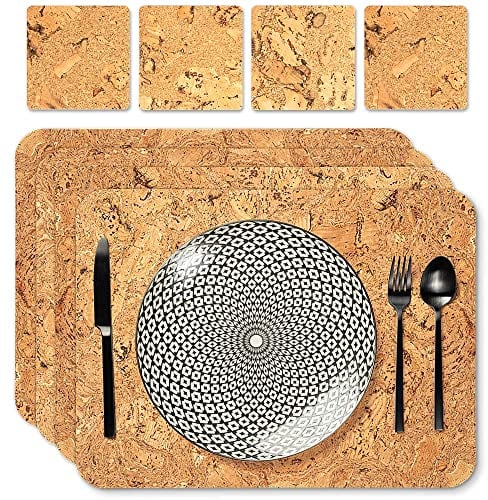 Tuuters 4er Platzset inkl. Untersetzer für Gläser aus Kork, Tischset, Platzdeckchen, abwaschbar 40x30cm (8-teilig)