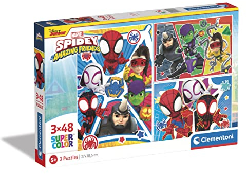 Clementoni - 25282 - Supercolor Puzzle - Marvel Spidey & His Amazing Friends - 3 Puzzle mit 48 Teile Ab 5 Jahren, Buntes Kinderpuzzle Mit Besonderer Leuchtkraft, Geschicklichkeitsspiel Für Kinder