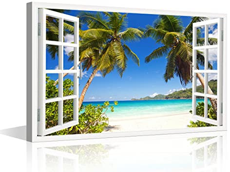 TISHIRON 3D Window Effect Canvas Art Wall Framed Modern Home Decor Beach Coconut Tree View Pictures for Home Living Room Dining Room Wall Decor Posters Prints Ready to Hang - 16 W x 24 H