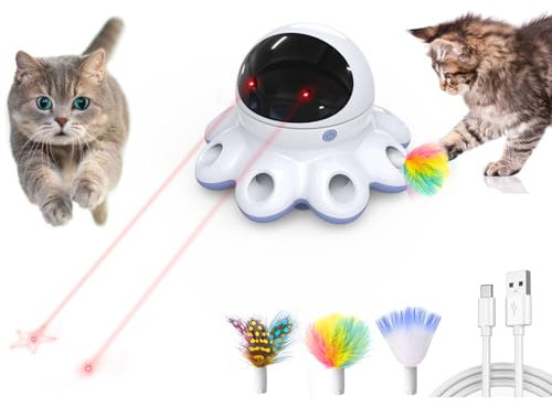 GoldenSun Automatic Cat Toy, 2-in-1 Interactive Cat Toys for Indoor Cats, Automatic Cat Toy, 8 Holes Mice Whack A Mole Moving Feather, USB Rechargeable Electronic Kitten Toys for All Breeds Purple