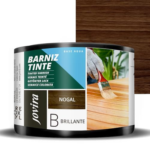 JOVIRA PINTURAS. BARNIZ TINTE BRILLANTE al Agua, acabado Brillo. Especial para teñir y barnizar maderas. (375 Mililitros, Nogal) E-46