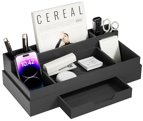 JiaWei Büro Schreibtisch Organizer mit 6 Fächern & Schubladen, Multifunktionaler Stiftehalter, aus Extra Stabil Karton, Desk Organizer, ideal für Bürobedarf - Schwarz