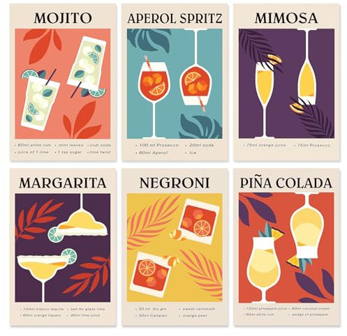 Lot de 6 affiches murales de cocktail - Impression sur papier sans cadre (20,3 x 30,5 cm), décoration murale de dortoir, bar, chariot - Accessoires pour décoration murale