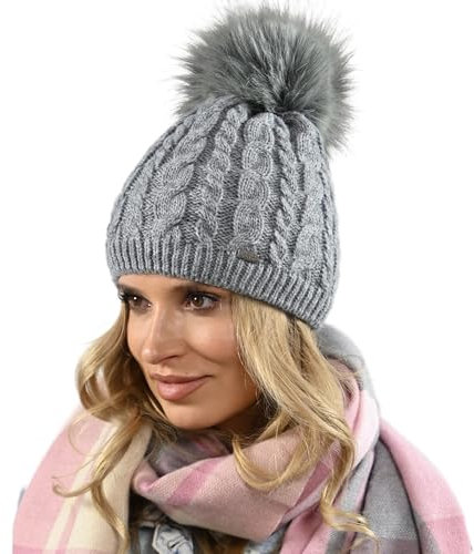 Alur Mütze Damen Beanie Wintermütze Strickmütze mit Bommel - Warme Elastisch Elegant Winter Mütze EKO Bommelmütze - Weiches Garn Stilvoll Universell Warm (Grau)