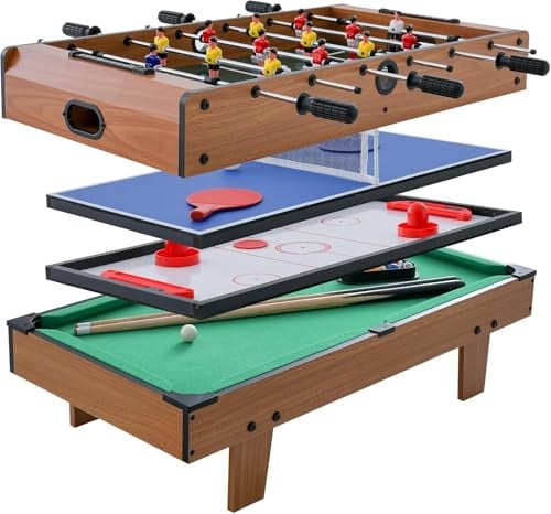 FANTASK 4 in 1 Spieltisch, multifunktionaler hölzerner Billardtisch & Tischtennistisch & Airfield Hockeytisch & Kickertisch