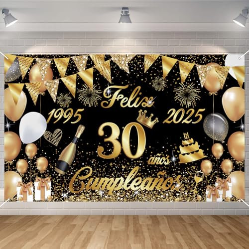 Pancarta Feliz Cumpleaños 30 Anos 1995-2025, Seutgjie Happy Birthday Decoracion para Mujer Hombre para Fiesta Cumpleaños 30 Oro Negro 180 x 110 cm
