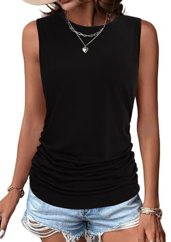 Totatuit Damen Tank Top Ärmellose Ruched Oberteile Baumwolle Rundhals Tops Stretch Oberteil Sommer Schwarz M