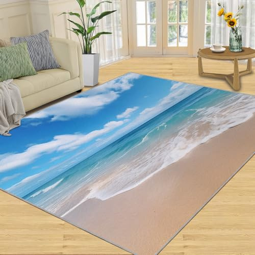 YXQAIED Blauer Himmel und weiße Wolken Teppiche für Schlafzimmer, Hawaii-Strandteppich, 60 x 180 cm, Läuferteppich, Karibik, Küste, Sanddekor-Teppiche für Jungen, Teenager, Ozeanblau, Meereswellen,