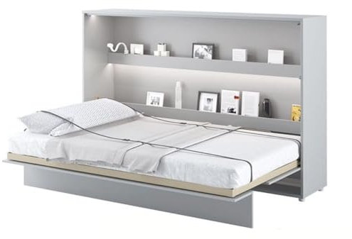Friderik Bed Concept BC-05 Wandklappbett Horizontal Schrankbett mit Matratze und mit LED-Beleuchtung, 120x200 cm (Grau)