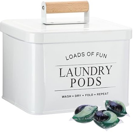 TOLIDA Contenedor de metal para lavandería con tapa, caja de almacenamiento cuadrada blanca para cápsulas de lavandería, soporte de cápsulas de detergente para lavandería, contenedor de almacenamiento