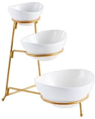 Vencier 3-Tier Serving Bowl Set – Elegant Food Display Stand for Snacks, Desserts, and Party Presentation (White/Gold)