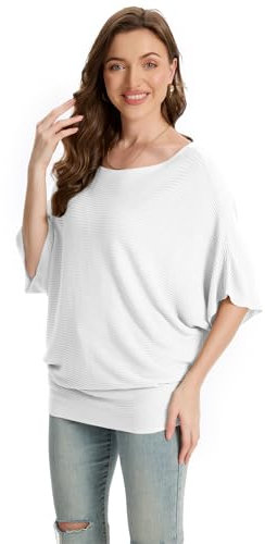 FULIER Boat Neck Batwing Short Sleeve Jumper Loose Knitted Summer Sweater Blouses for Women One Size (White)