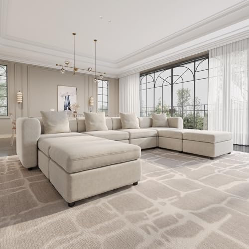 Guyii Modulares 4-Sitzer Sofa mit Hocker – Skandinavisches Ecksofa in Beige – Minimalistische Wohnlandschaft mit abnehmbaren Kissen & Schlaffunktion für Wohnzimmer (8 Sitze(4 Sitze mit 4 Ottomanen))