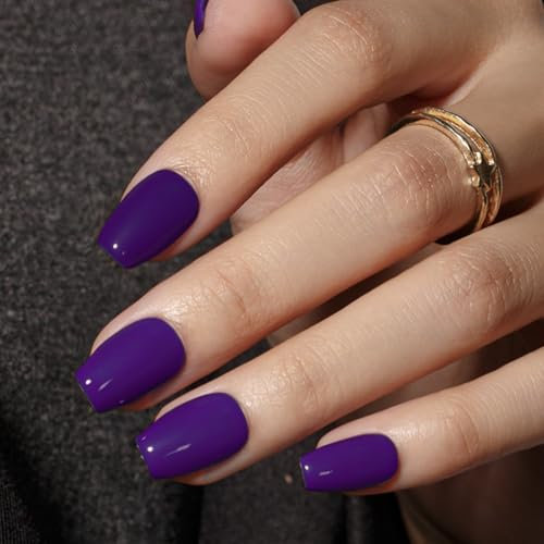 KQueenest Dark Purple Press on Nails Short Coffin, Short False Nails with Glue, Sheer Plum Purple Fake Nails Press ons Medium Ballerina, Glossy Reusable Soft Gel Stick on Nail for Women, 30 Pcs