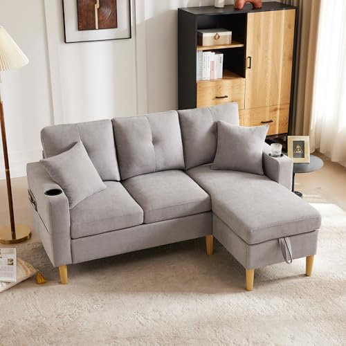 Arhatreya 3 Sitzer L-förmiges Sofa Gästesofa Modern Couch, 3er Sitzsofa mit Getränkehalter und Kissen, Polstersofa mit Stauraum für Wohnzimmer, Schlafzimmer, Wohnung, Gästezimmer, Hellgrau