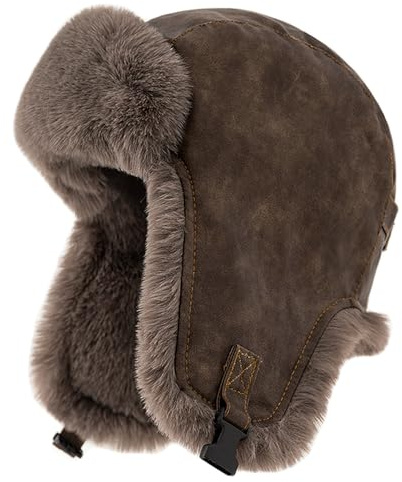 Gajaous Winter Wasserdichter Trapper Hut, Damen Herren Kunstfell Bomber Hut, PU Leder Thermo Fliegerkappe mit Winddichten Ohrklappen, Skating Skiing Jagdhut