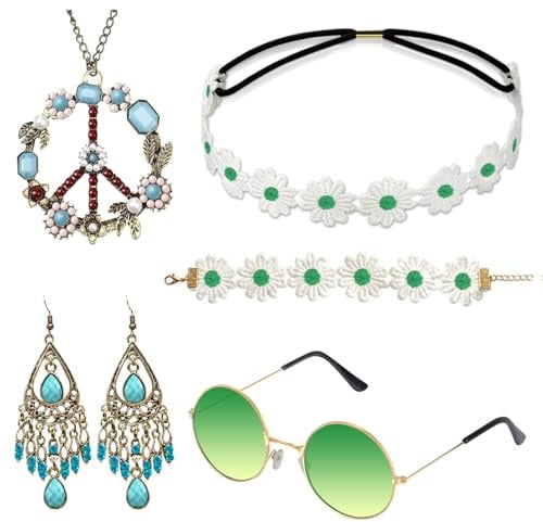 Alintor Hippie Accessoires für Schlagermove Outfit Damen, Flower Power Zubehör für Hippie Kostüm, 60er 70er Jahre Bekleidung, Peace Kette, Brille