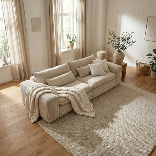 Big Sofa 300 cm breit, Modell Vince, Tiefe Sitzfläche, pflegeleichter Stoffbezug, Nosagfederung, Rücken echt bezogen, mittlere Sitzhärte, inkl. 2 Rückenkissen, 2 Nierenkissen, Beige