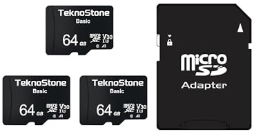 TEKNOSTONE 64GB Basic MicroSDXC TF Memory Card with Adapter 3 Packs | 90MB/s Read 50MB/s Write UHS-I C10 U3 V30 A1 for DJI Insta360 Dash Security Cameras Drone Console Tablet Phone