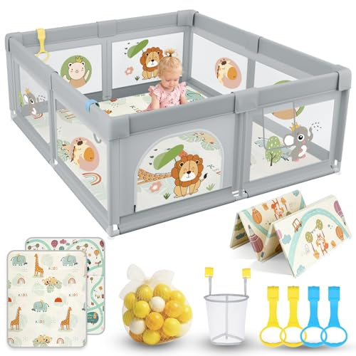 SOFTHOM Laufstall Baby mit Matratze 150x180cm, XL Laufgitter Baby mit Rutschfestem Boden & Atmungsaktivem Netz, 210D Oxford Gewebe, Stabiler und Sicherer Babyspielplatz, Playpen, 60 Bällen, 4 Griffe