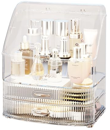 lurcns Makeup Organiser with Drawers Skincare Organizers for Vanity Storage Box with Lid Drawers Large Cosmetic Display case for Dresser Bathroom Countertop(Clear White)