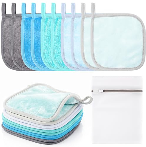 VitalCozy 10 Pack Makeup Remover Cloths, Makeup Remover Towels Reusable Face Cloth Eraser for Washing Face Microfiber Washcloth for Women Cleansing Just Water with Mesh Bag(Blue Colors)