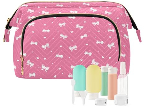 Travel Makeup Bag Cosmetic Bag Wide-Open Pouch Toiletry Bag Make Up Organizer Case with Bottles kit for Women Small Bow