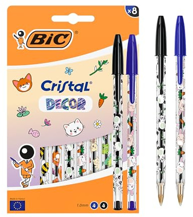 BIC Cristal Decors Kawaii Bolígrafos de Punta Media (1,00 mm), Tinta Azul y Negra - Diseños Kawaii Surtidos, Pack de 8