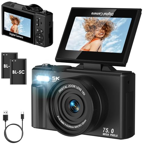 SOPPY 5K Digital Camera with WiFi Transfer, 75MP Vlogging, 18X Zoom & 3 Flip Screen, Auto Focus YouTube Camera, Compact for Kids, Teens & Beginners, Black(No SD Card Version)