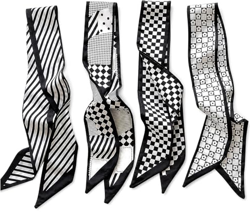 exylosluxek sommerschal damen leicht, 4er Set Leichter Sommerschal Damen aus Reiner Seide, Schwarz-Weiß Seidentücher mit 4 verschiedenen Motiven, Vielseitiges Seidenaccessoire für H