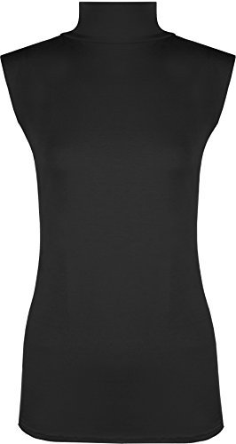 Womens Polo Neck Plain Ladies Stretch Sleevless Vest Turtle Bodycon Top - Black - 8/10