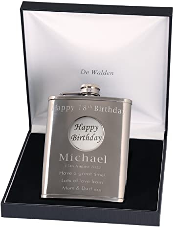 18th Birthday Engraved Hip Flask Happy Birthday Feature in Gift Box