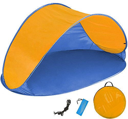 tectake® Tenda da Campeggio Popup, Tenda da Spiaggia, Automontante, Protezione UV, 220x120x100 cm, 2 Scomparti, con Custodia, Picchetti, in Poliestere e Vetroresina, Leggera - Blu/Arancio