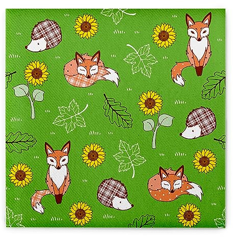 Sovie HOME Serviette FLORIAN in GRÜN aus Linclass Airlaid, 40 x 40cm, 1/4 Falz, 12 Stück, Herbstdesign Füchse Igel Sonnenblumen, stoffähnliche Einwegserviette, extrem saugstark