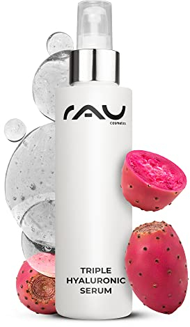 RAU Cosmetics Hyaluron Serum Hochdosiert - Triple Hyaluronic Serum 100 ml - Anti-Falten Serum mit 3 starken Hyaluronsäuren, Kaktusfeigen Extrakt & Panthenol - Feuchtigkeitsserum & Anti-Aging Serum