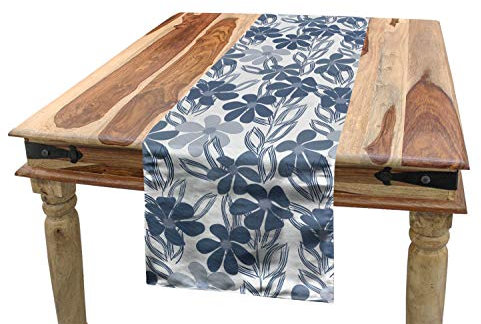 ABAKUHAUS Blumen Tischläufer, Pastellfarben mit Blättern, Esszimmer Küche Rechteckiger Dekorativer Tischläufer, 40 x 180 cm, Blaugrau Hellgrau