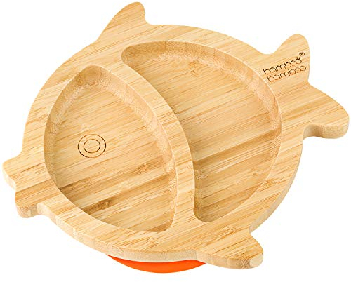 bamboo bamboo Plato Para Bebé Y Niño Pequeño, Plato De Bambú En Forma De Pez Con Succión Segura Para Alimentación Y Destete, Vajilla Antideslizante Para Bebés Desde 6 Meses (Pez, Naranja)