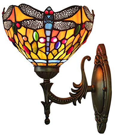 GDLight Vintage Tiffany-Art Libelle-Wandleuchte Lampe Pastoral Handgefertigte Glasmalerei Wandleuchten für Schlafzimmer Nacht Wohnzimmer Flur Balkon, 8-Inch,A