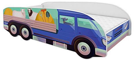 ACMA Kinderbett LKW Truck 140x70 cm Autobett Juniorbett für Kinder mit Matratze und Lattenrost, Spielbett mit Rausfallschutz, Kinderzimmer Bettmöbel, Design 05 Landwirtschaftlicher LKW