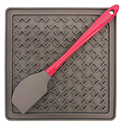 Messy Mutts Silicone Therapeutic Interactive Feeding and Licking Mat | 8” x 8” | Slow Feeder for Boredom & Anxiety | Lick Pad for Cats & Small Dogs | Grey w/Spatula